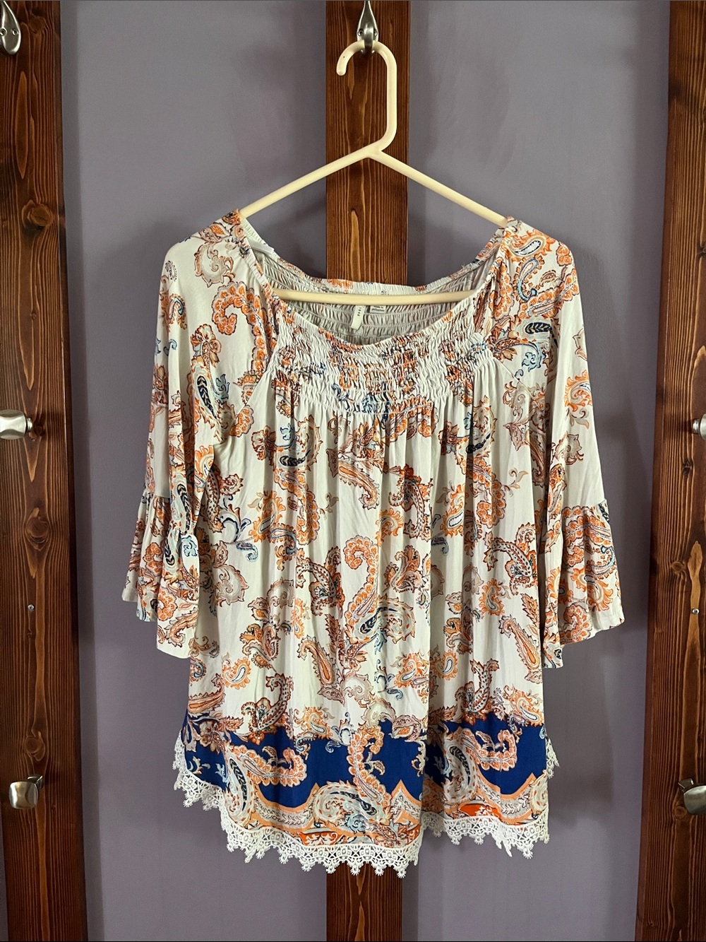 Cream Paisley Crochet-Hem Peasant Tunic with Navy Border